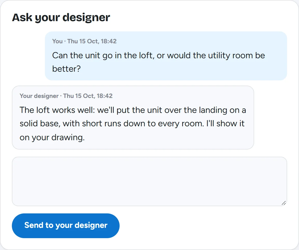 Example: the "Ask your designer" step in a MyMVHR account.