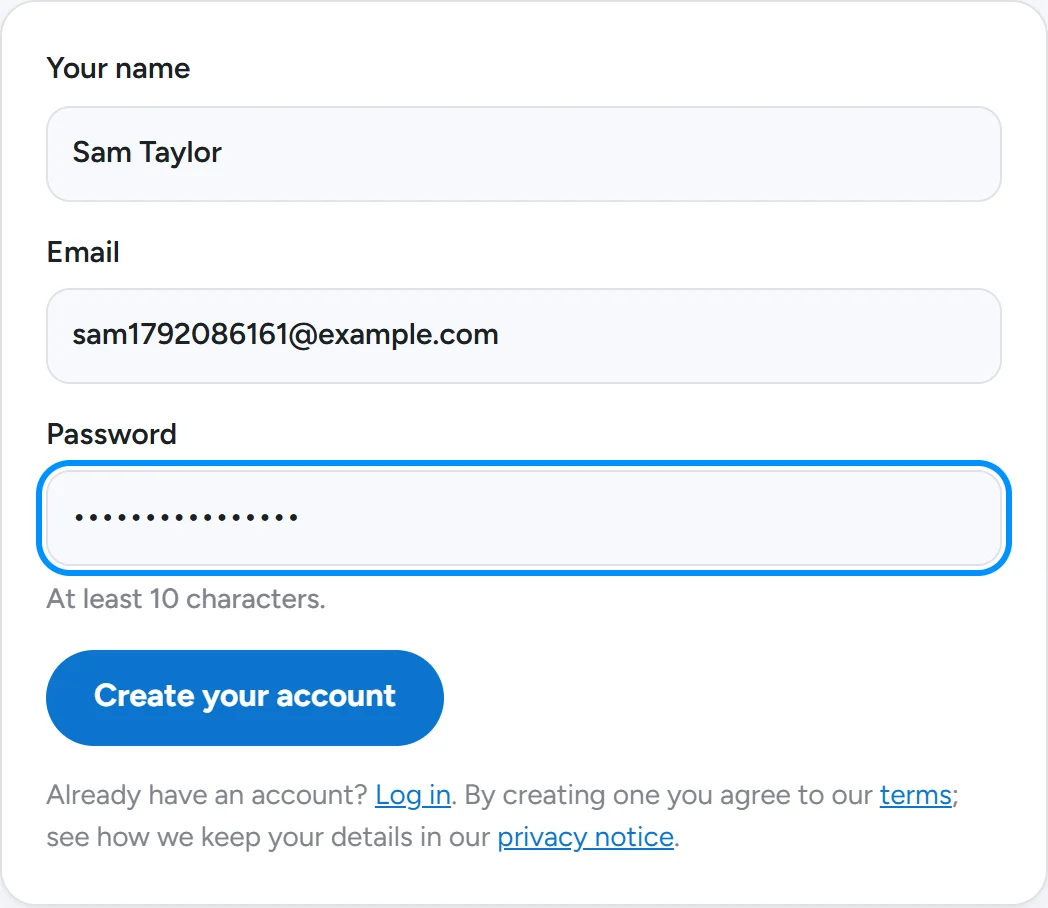 Example: the "Create your account" step in a MyMVHR account.