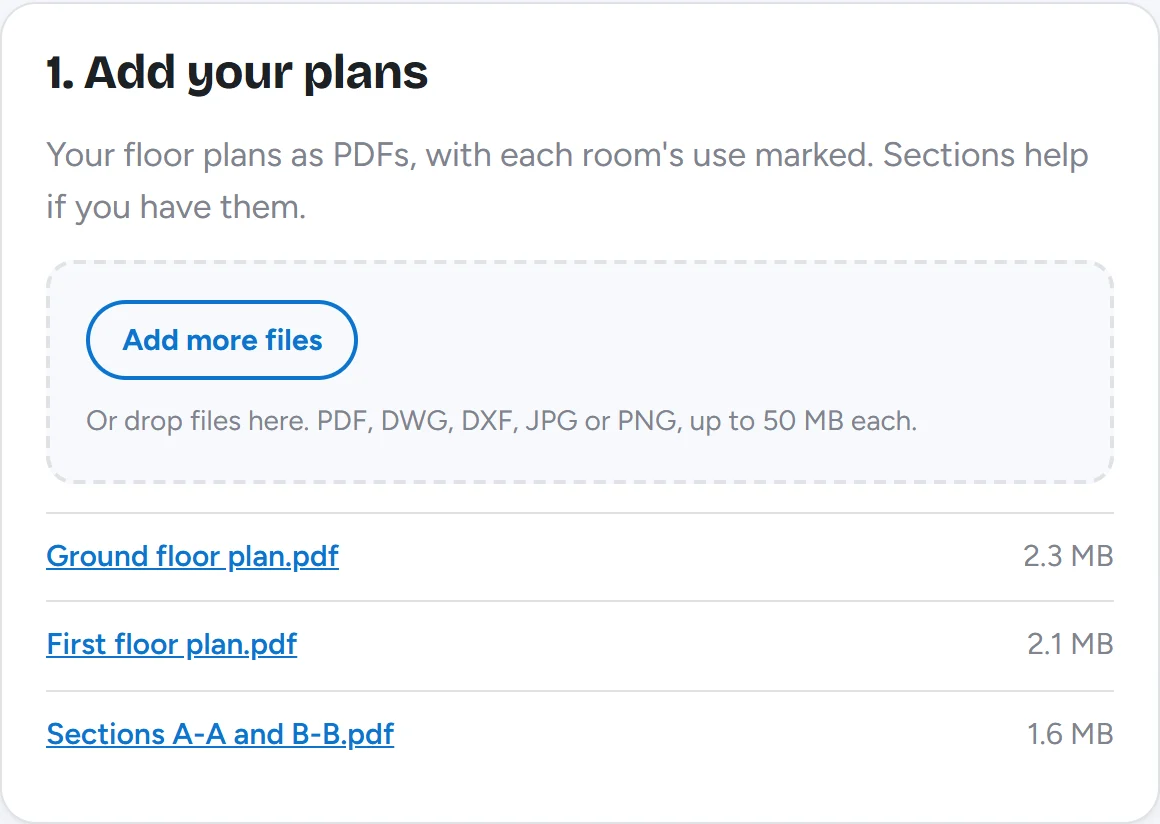 Example: the "Upload your plans" step in a MyMVHR account.