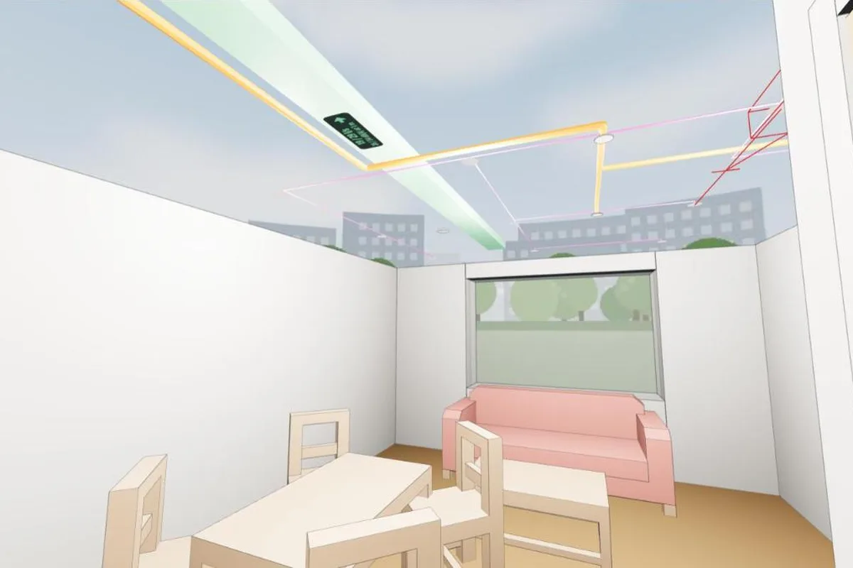 The sample flat's 3D world: the hall with the ducts and their airflow above the ceiling.